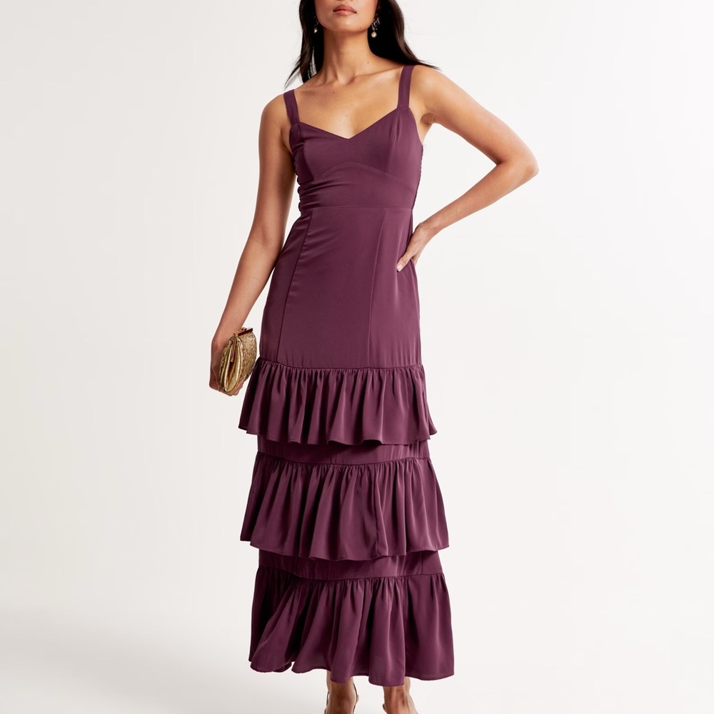 Abercrombie & Fitch Ruffled Tiered Maroon Matte Satin Maxi Dress Tall